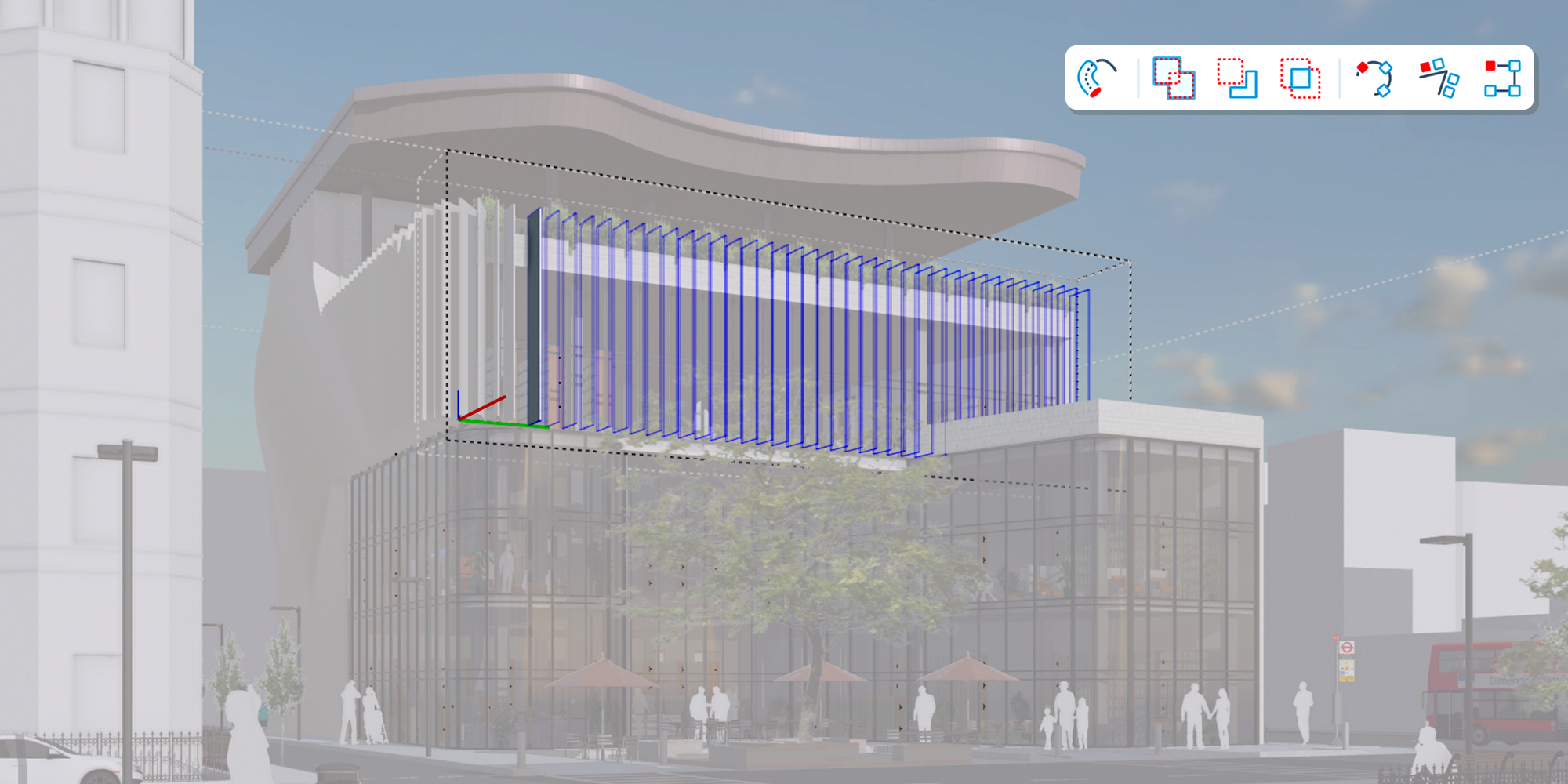 SketchUp 2027 – modélisation procédurale et Copy Along Maquette de bâtiment avec des profils de façade répétitifs sélectionnés et les outils de modélisation procédurale de SketchUp 2027.