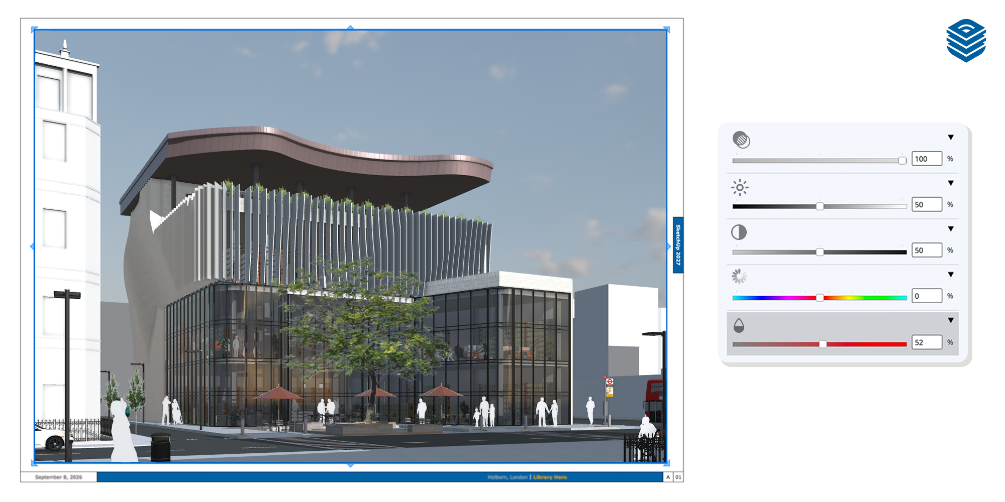 LayOut 2027 – modifier directement les images Image d'architecture sélectionnée dans LayOut avec des curseurs permettant de régler la luminosité, le contraste, la couleur et la transparence.