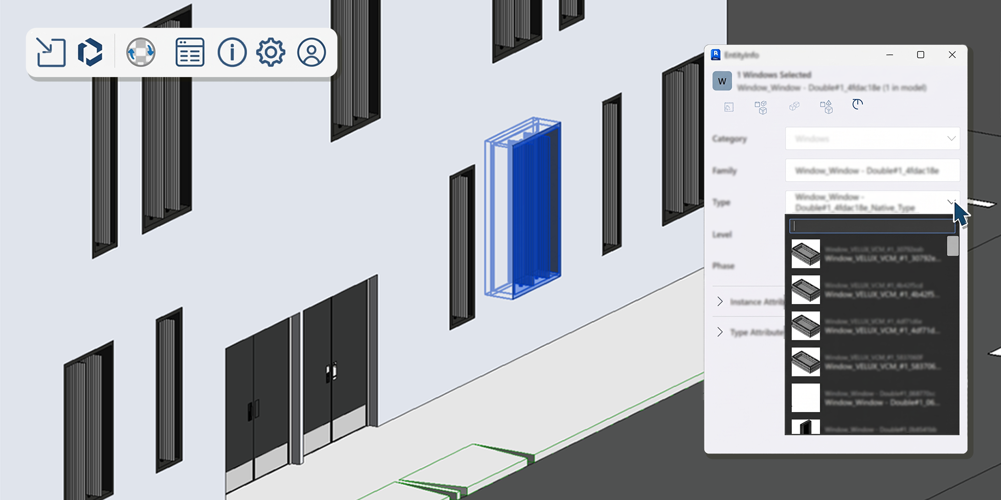 SketchUp Importer pour Revit – familles et données des composants Fenêtre sélectionnée dans un modèle de bâtiment, avec un panneau présentant les catégories, familles et types Revit.