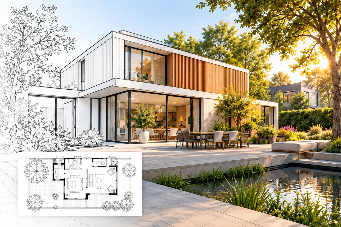 Modern huis met tuin, van 3D-lijnmodel naar architectuurvisualisatie, met een 2D-grondplan