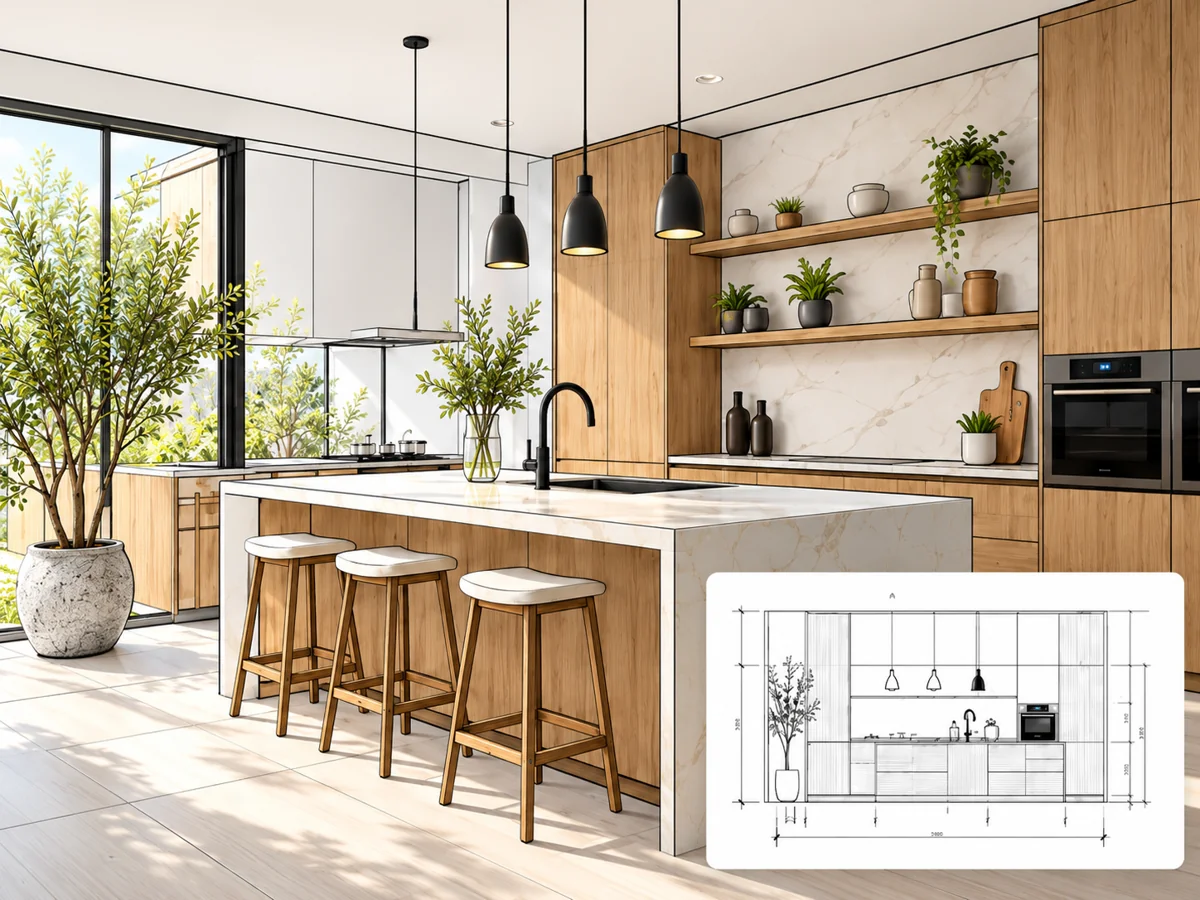 Modern keukenontwerp met houten kasten als 3D-visualisatie en bijbehorend 2D-aanzicht